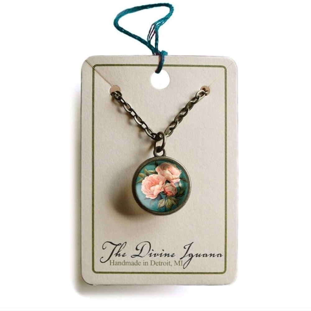 Pink Peony Pendant‎ Necklace - Indiana State Flower - Floral Vintage Jewelry - Picture 3 of 5